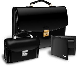 image of black briefcase, wallet, suitcase